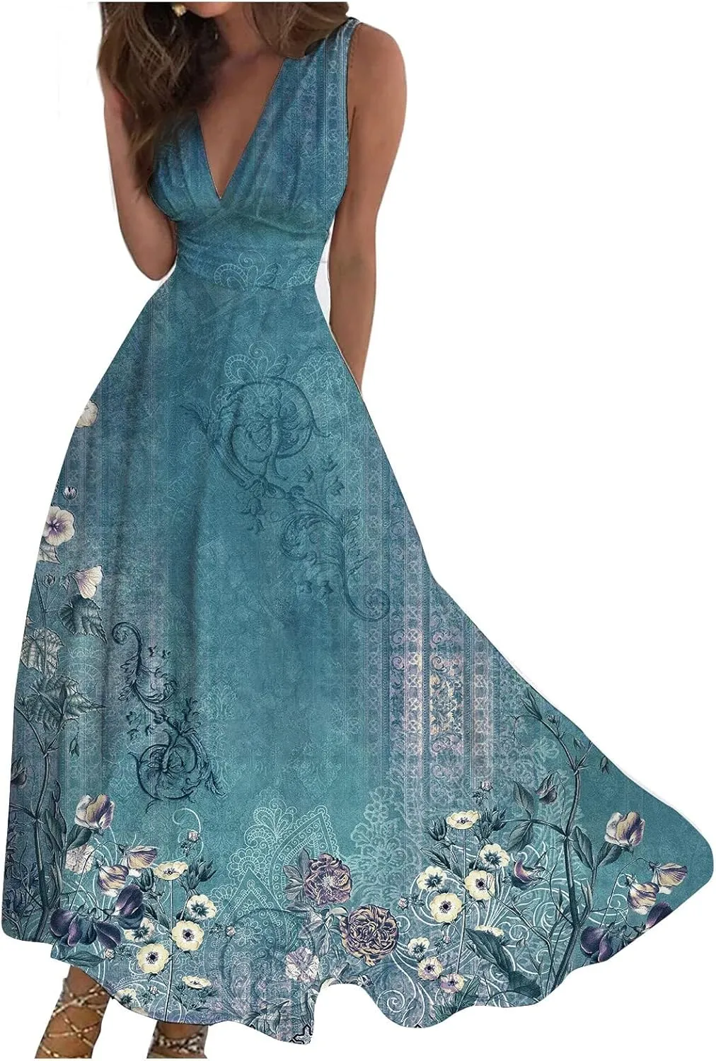 RTRDE Women's Summer Casual Dresses 2025 Print Sleeveless Deep V-Neck Wrap Floral Maxi Dress Wedding, S-3XL