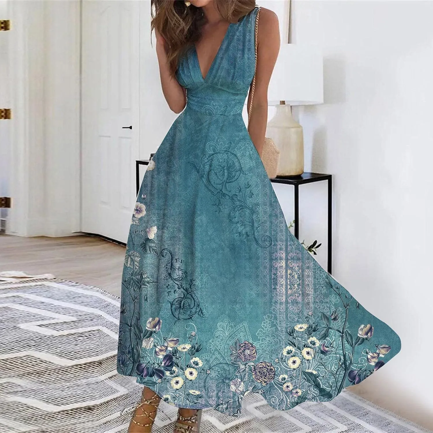 RTRDE Women's Summer Casual Dresses 2025 Print Sleeveless Deep V-Neck Wrap Floral Maxi Dress Wedding, S-3XL