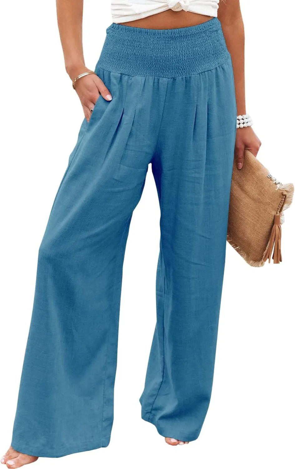 Ru Sweet Women High Waisted Cotton Linen Palazzo Pants Wide Leg Long Lounge Pant Trousers with Pocket