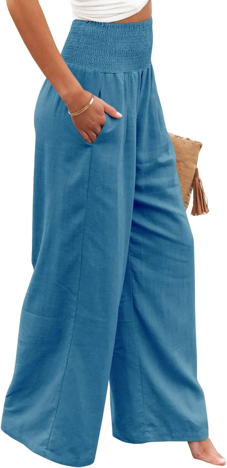 Ru Sweet Women High Waisted Cotton Linen Palazzo Pants Wide Leg Long Lounge Pant Trousers with Pocket