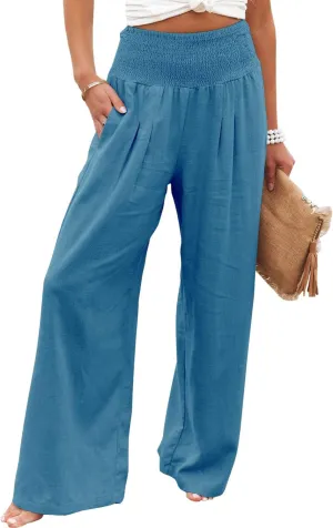 Ru Sweet Women High Waisted Cotton Linen Palazzo Pants Wide Leg Long Lounge Pant Trousers with Pocket