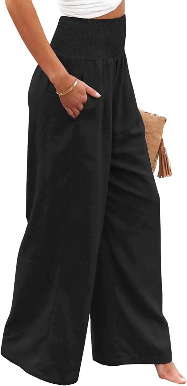Ru Sweet Women High Waisted Cotton Linen Palazzo Pants Wide Leg Long Lounge Pant Trousers with Pocket