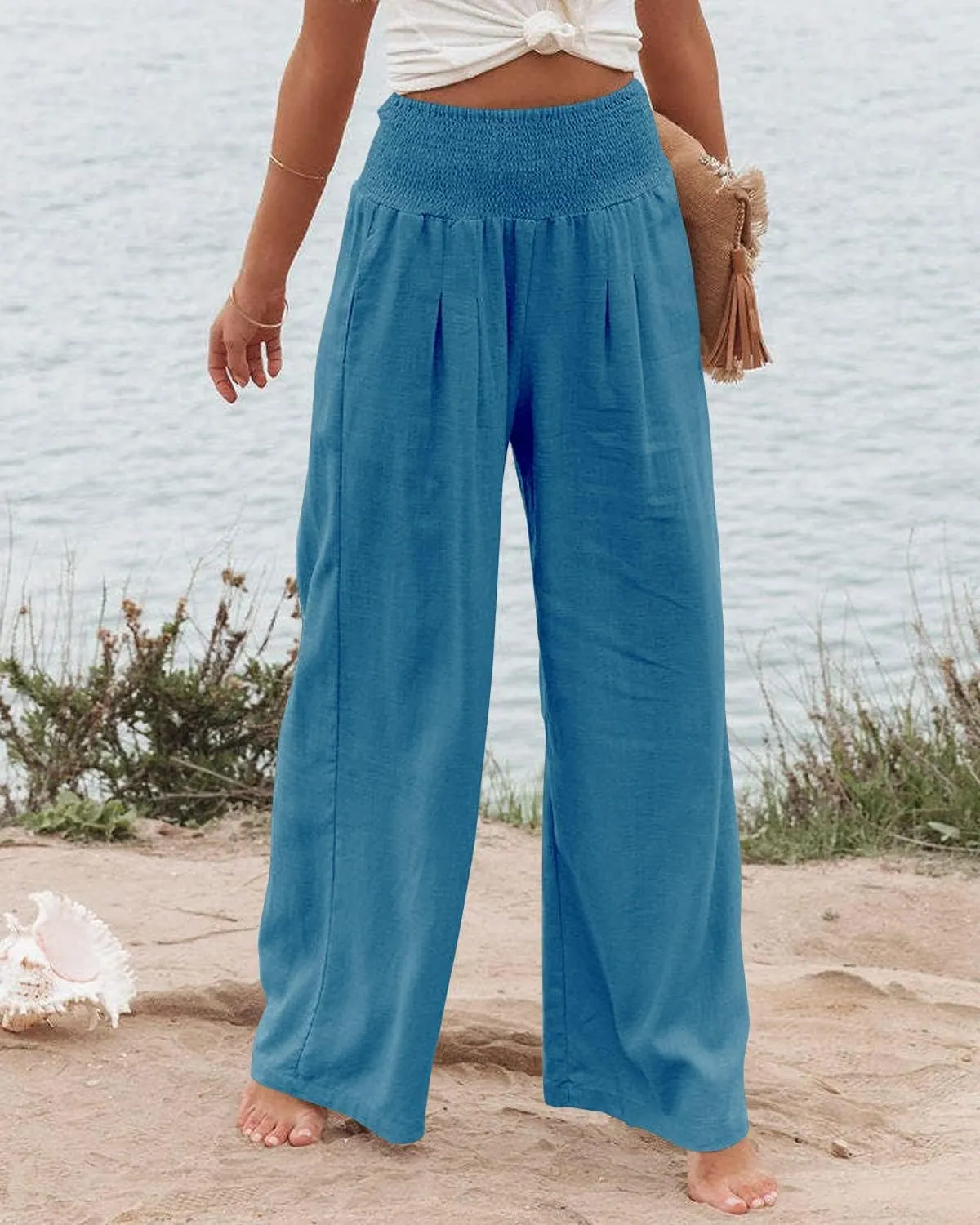 Ru Sweet Women High Waisted Cotton Linen Palazzo Pants Wide Leg Long Lounge Pant Trousers with Pocket