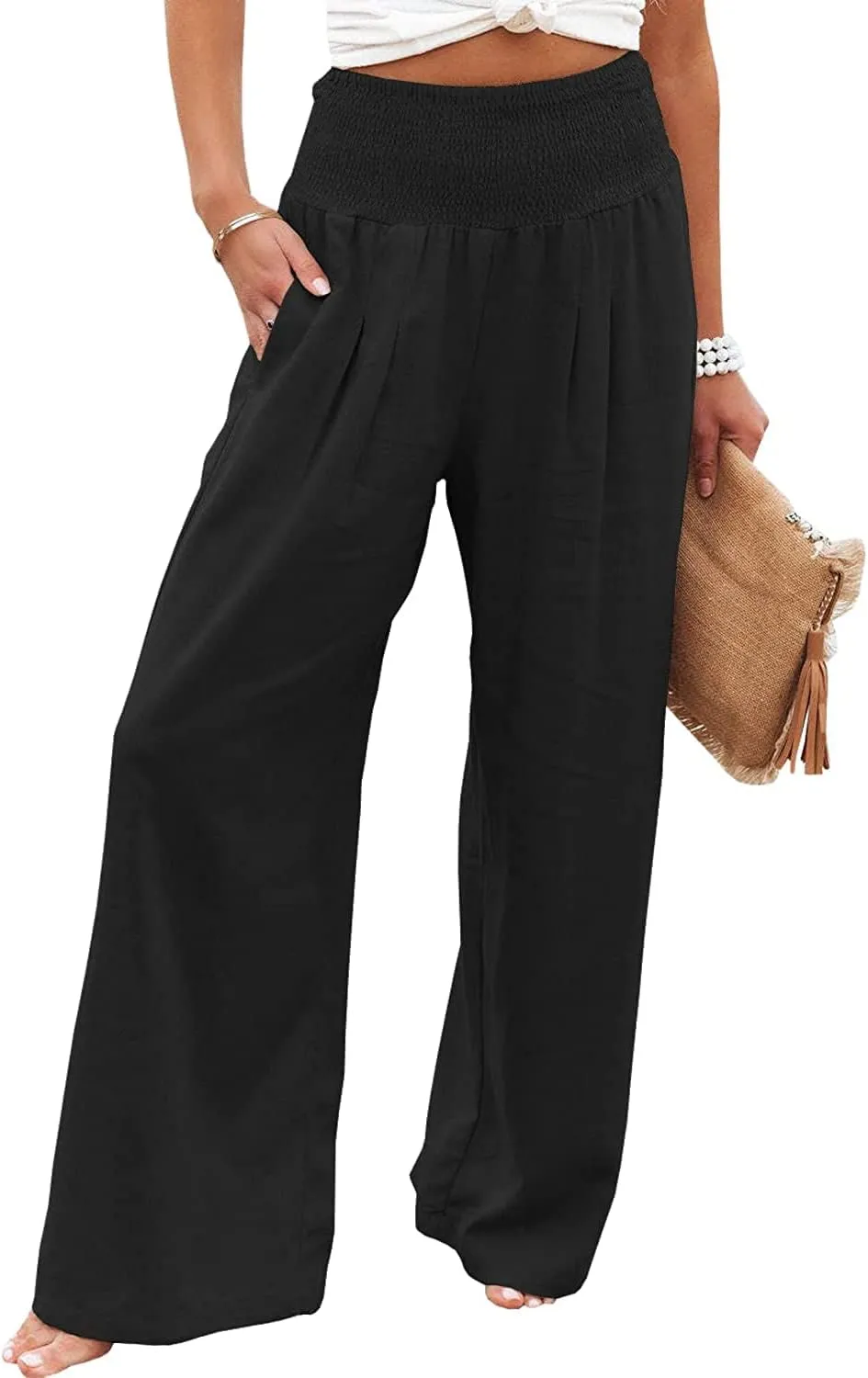 Ru Sweet Women High Waisted Cotton Linen Palazzo Pants Wide Leg Long Lounge Pant Trousers with Pocket