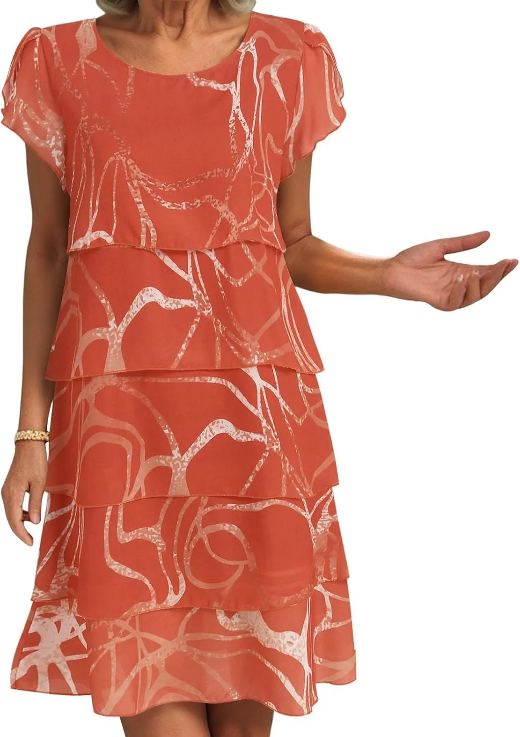 Rvidbe Women's Boho Floral Chiffon Midi Dress Summer Casual Ruffle Tiered Short Sleeve Wedding Guest Cocktail Party Dresses