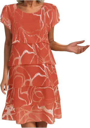 Rvidbe Women's Boho Floral Chiffon Midi Dress Summer Casual Ruffle Tiered Short Sleeve Wedding Guest Cocktail Party Dresses