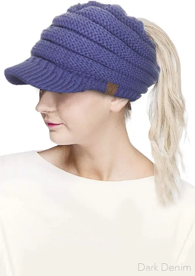 ScarvesMe Brim BeanieTail Ponytail Messy Bun Solid Ribbed Beanie Hat Sun Cap