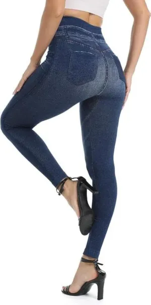 Seamaid Jean Look Leggings for Women High Waist Tummy Control with Back Pockets, Denim Printed Fake Jean Leggings, Seamless