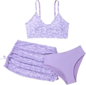 SEAUR Girls' Fashion Bikini Sets Cute 3 Piece Swimsuits V Neck Floral Printed Swimwear Beach Bathing Suit with Cover Up Skirt