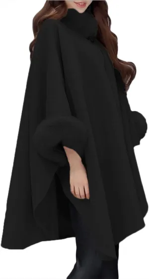 SEMATOMALA Women's Winter Wool Blended Faux Fur Coats Warm Baggy Oversized Shawl Wraps Cloak Trench Coat Poncho Cape Outwear