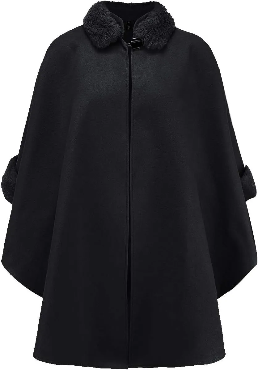 SEMATOMALA Women's Winter Wool Blended Faux Fur Coats Warm Baggy Oversized Shawl Wraps Cloak Trench Coat Poncho Cape Outwear