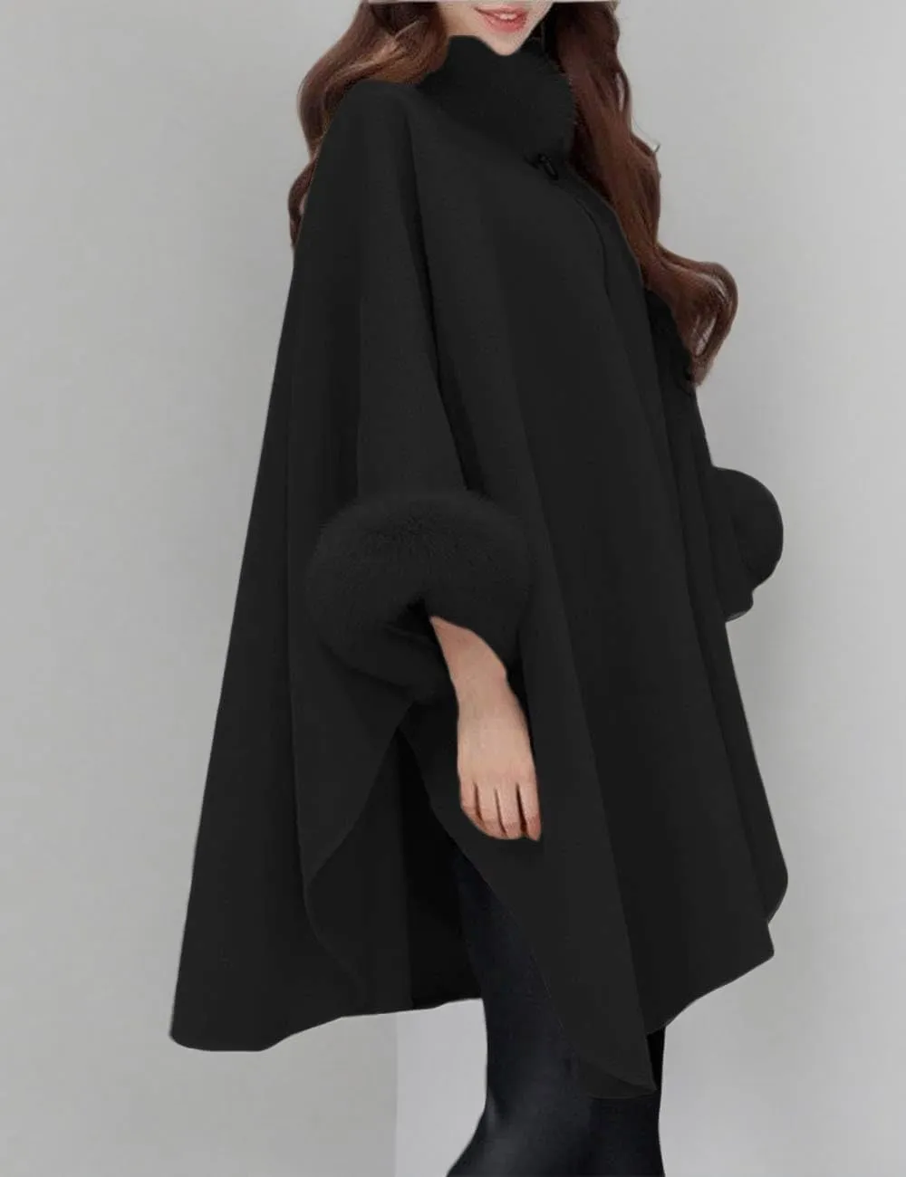 SEMATOMALA Women's Winter Wool Blended Faux Fur Coats Warm Baggy Oversized Shawl Wraps Cloak Trench Coat Poncho Cape Outwear