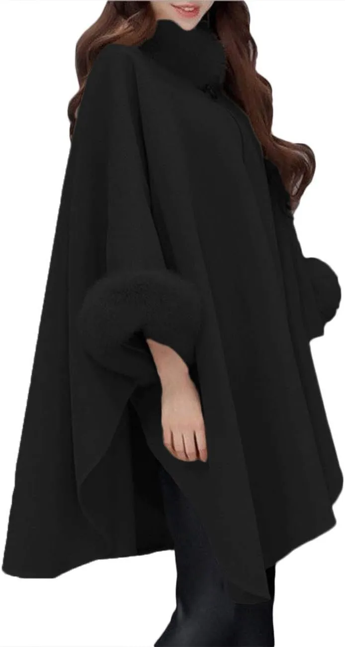 SEMATOMALA Women's Winter Wool Blended Faux Fur Coats Warm Baggy Oversized Shawl Wraps Cloak Trench Coat Poncho Cape Outwear