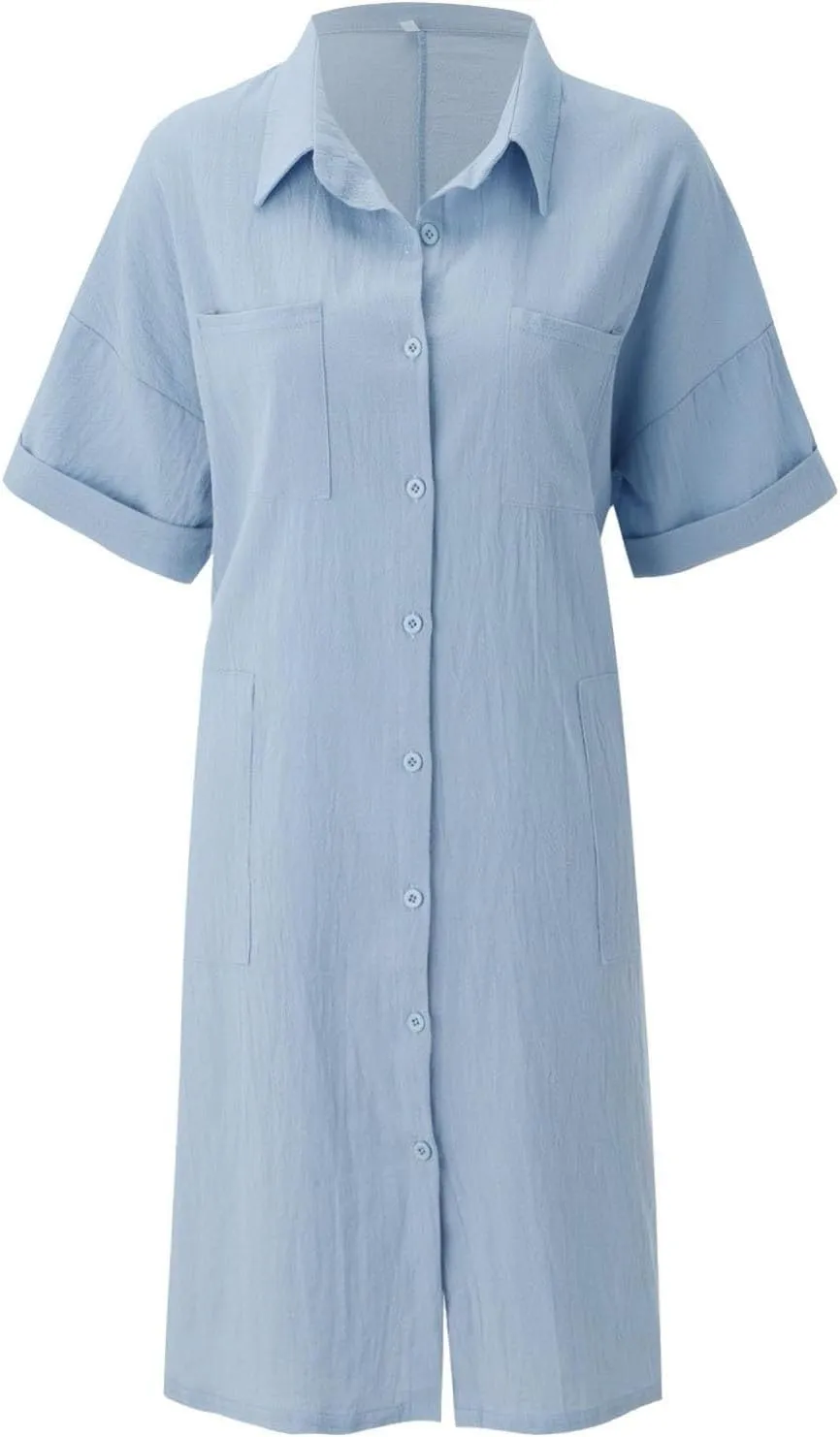 Shirt Dresses for Women 2025 Collared Dress Short Sleeve Button Down Business Casual Shift Dresses with Pockets