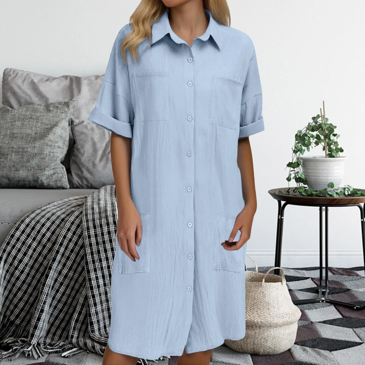 Shirt Dresses for Women 2025 Collared Dress Short Sleeve Button Down Business Casual Shift Dresses with Pockets