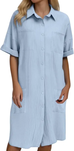Shirt Dresses for Women 2025 Collared Dress Short Sleeve Button Down Business Casual Shift Dresses with Pockets