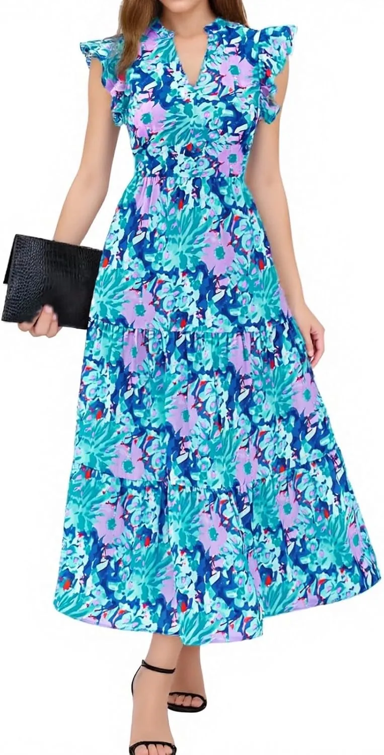 Short Sleeve Birthday Dress Female A-Line Summer Boxy Fit Women Comfortable V Neck Printed Dresses