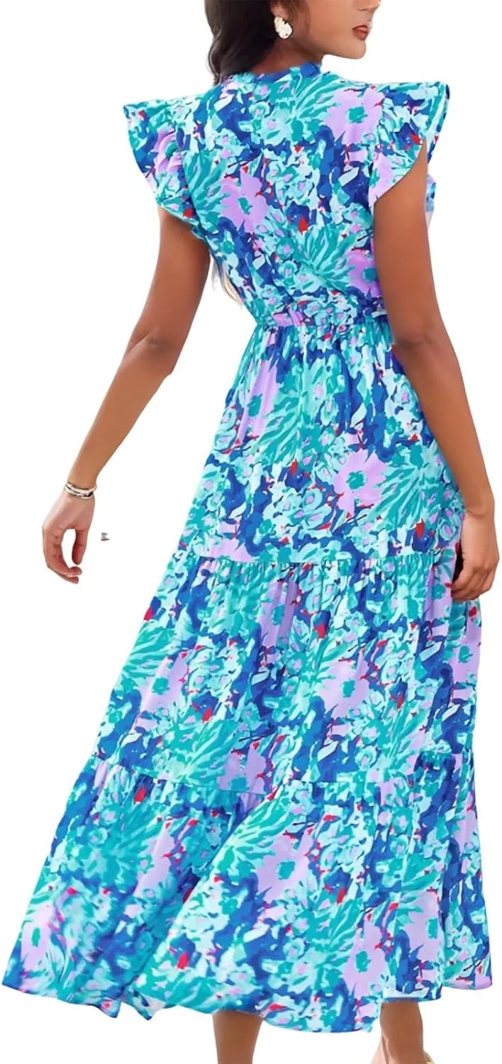 Short Sleeve Birthday Dress Female A-Line Summer Boxy Fit Women Comfortable V Neck Printed Dresses
