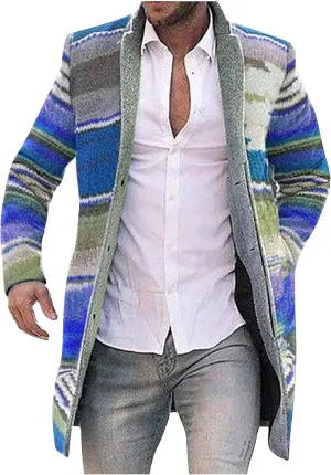Sinzelimin Men's Cardigan Coat Fashion Printed Wool Blends Casual Long-sleeved Jacket Length Windbreaker Overcoat Trench