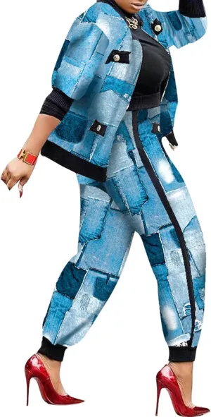 SOMTHRON Womens Houndstooth Print 2 Piece Outfit Zip Up Long Sleeve Jacket Long Pants Set Work Suits Tracksuit