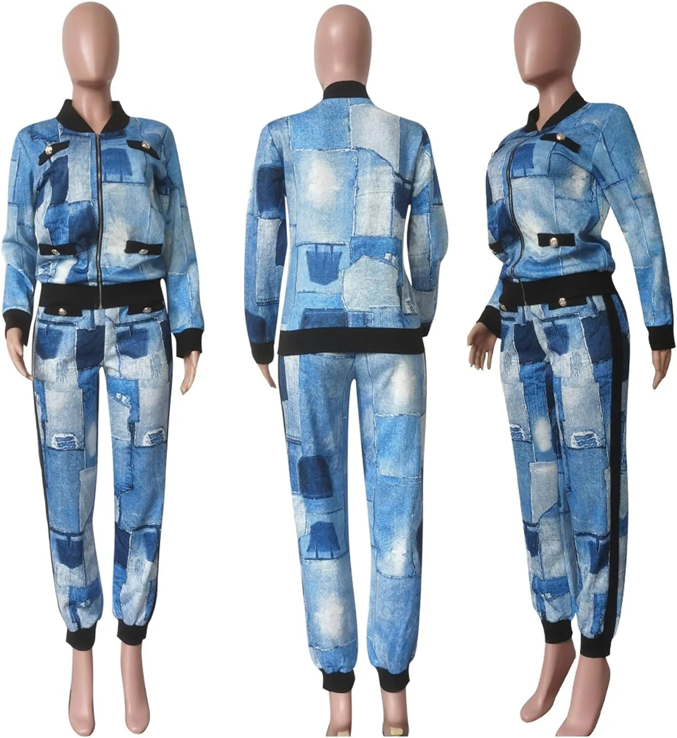 SOMTHRON Womens Houndstooth Print 2 Piece Outfit Zip Up Long Sleeve Jacket Long Pants Set Work Suits Tracksuit