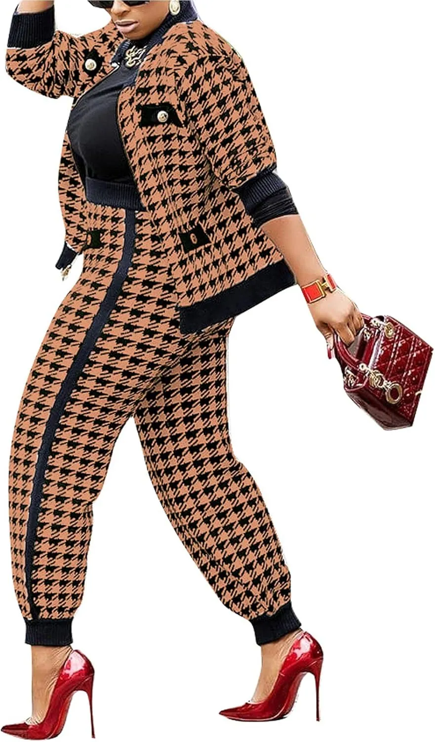 SOMTHRON Womens Houndstooth Print 2 Piece Outfit Zip Up Long Sleeve Jacket Long Pants Set Work Suits Tracksuit