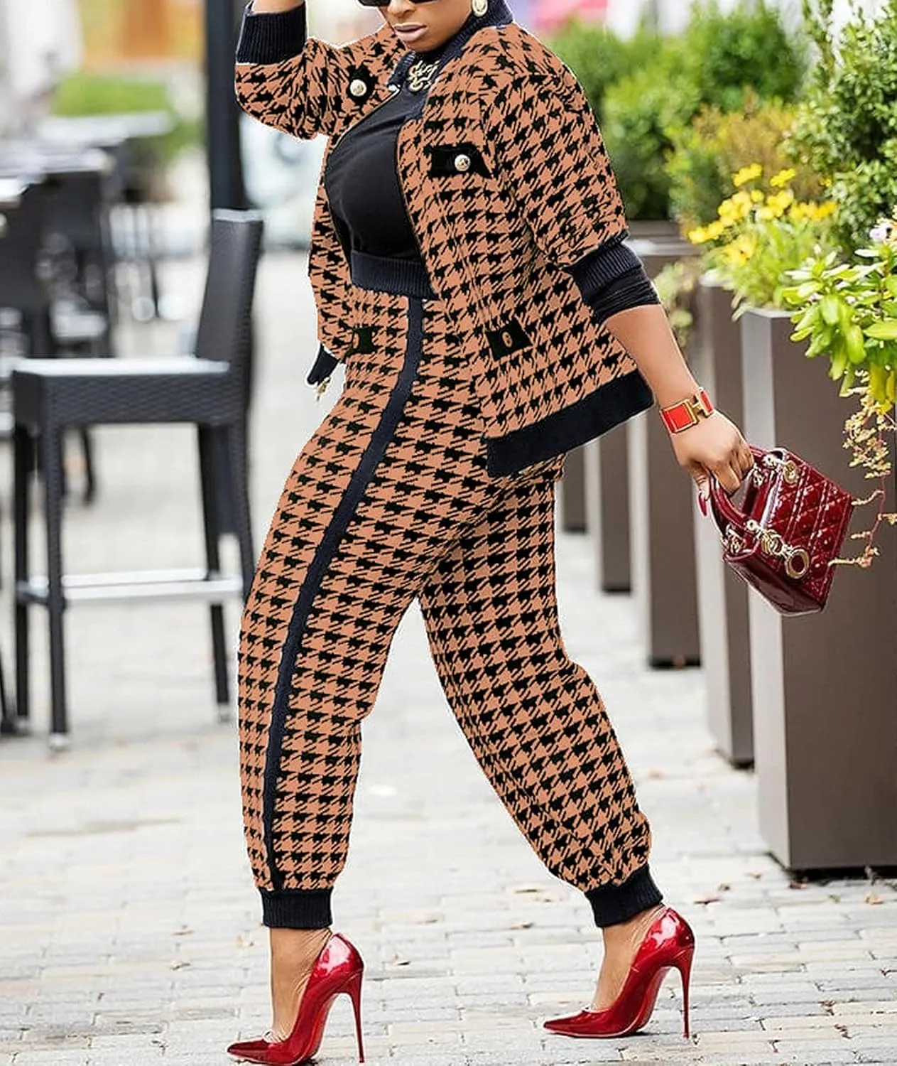 SOMTHRON Womens Houndstooth Print 2 Piece Outfit Zip Up Long Sleeve Jacket Long Pants Set Work Suits Tracksuit