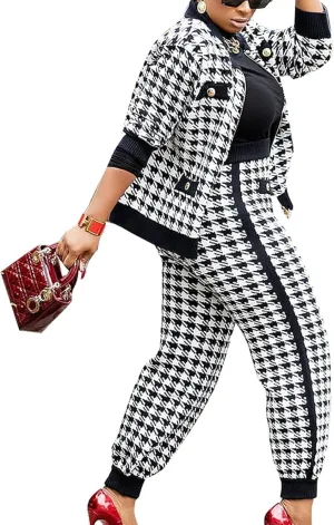 SOMTHRON Womens Houndstooth Print 2 Piece Outfit Zip Up Long Sleeve Jacket Long Pants Set Work Suits Tracksuit