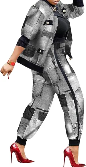 SOMTHRON Womens Houndstooth Print 2 Piece Outfit Zip Up Long Sleeve Jacket Long Pants Set Work Suits Tracksuit