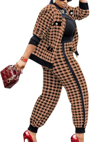 SOMTHRON Womens Houndstooth Print 2 Piece Outfit Zip Up Long Sleeve Jacket Long Pants Set Work Suits Tracksuit