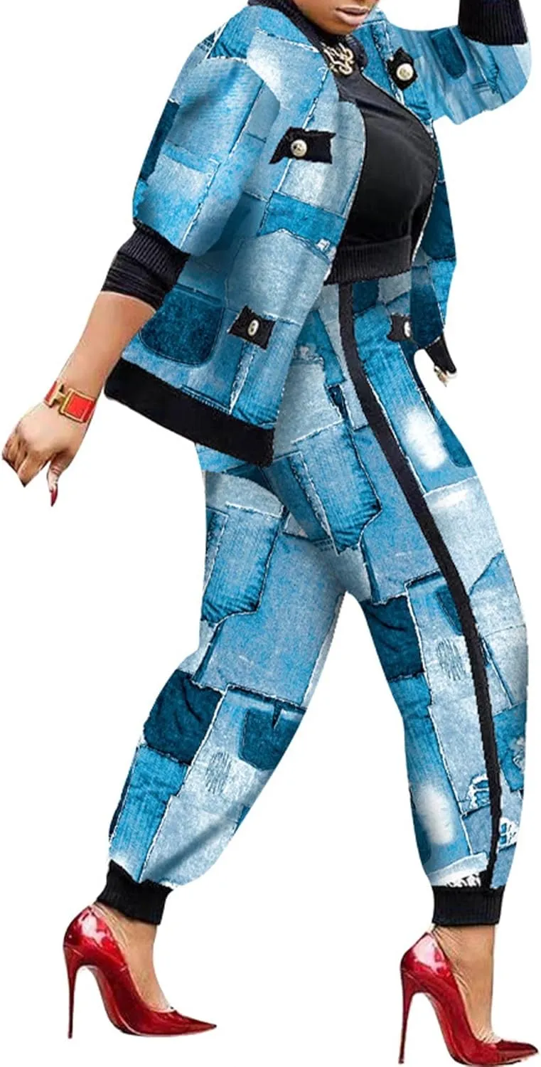 SOMTHRON Womens Houndstooth Print 2 Piece Outfit Zip Up Long Sleeve Jacket Long Pants Set Work Suits Tracksuit