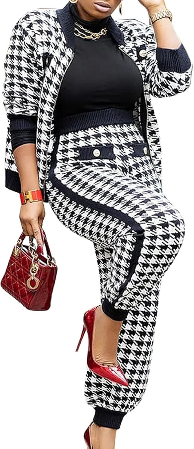 SOMTHRON Womens Houndstooth Print 2 Piece Outfit Zip Up Long Sleeve Jacket Long Pants Set Work Suits Tracksuit