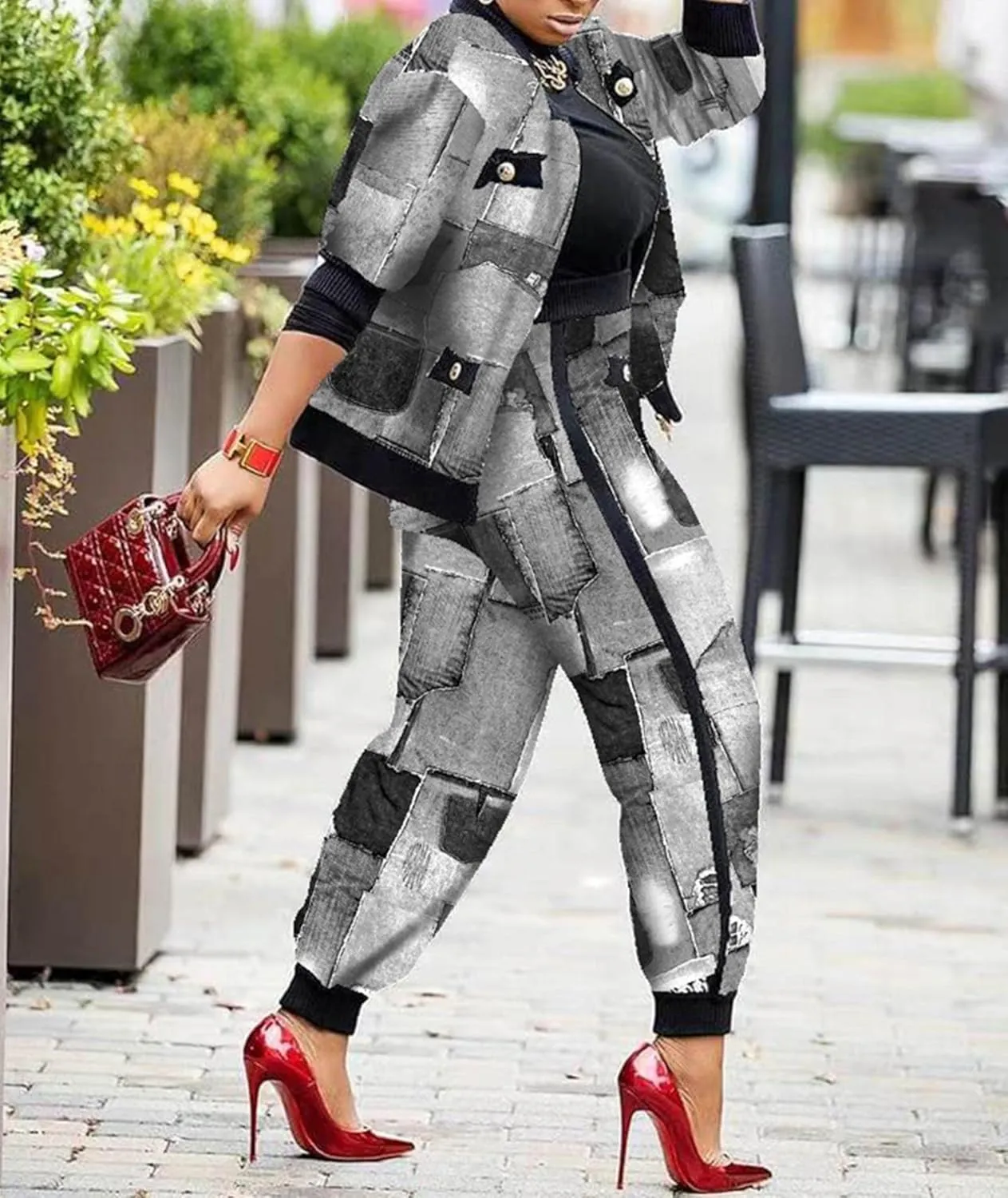 SOMTHRON Womens Houndstooth Print 2 Piece Outfit Zip Up Long Sleeve Jacket Long Pants Set Work Suits Tracksuit