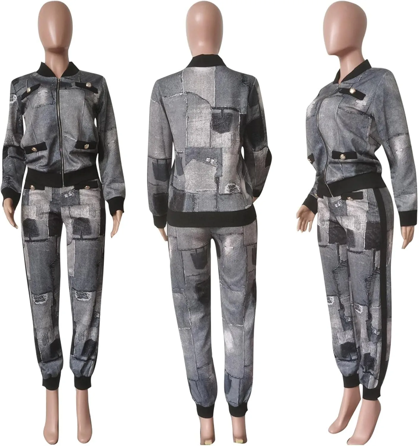 SOMTHRON Womens Houndstooth Print 2 Piece Outfit Zip Up Long Sleeve Jacket Long Pants Set Work Suits Tracksuit