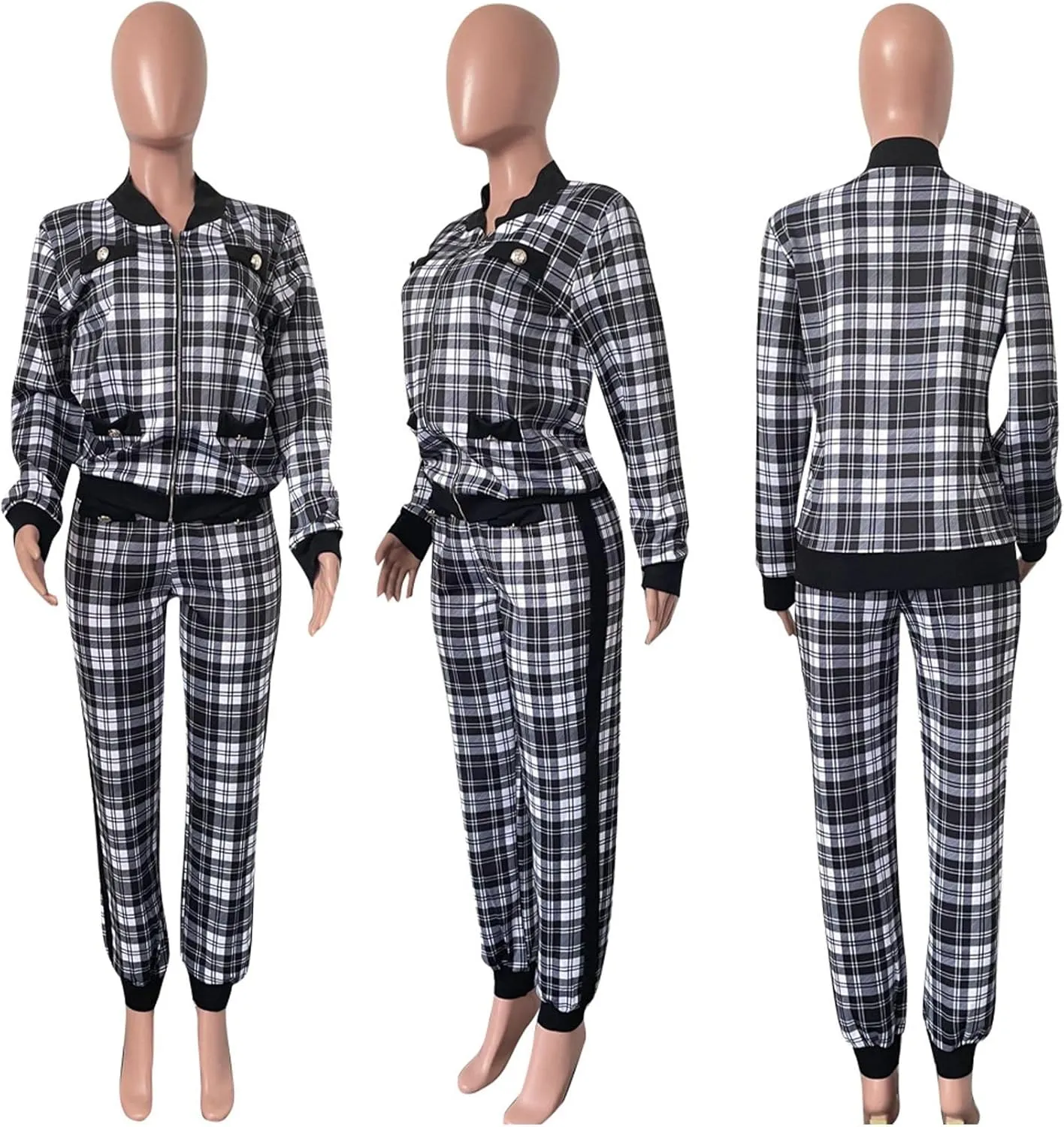 SOMTHRON Womens Houndstooth Print 2 Piece Outfit Zip Up Long Sleeve Jacket Long Pants Set Work Suits Tracksuit