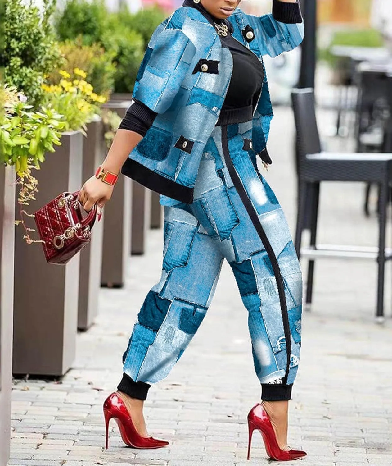 SOMTHRON Womens Houndstooth Print 2 Piece Outfit Zip Up Long Sleeve Jacket Long Pants Set Work Suits Tracksuit