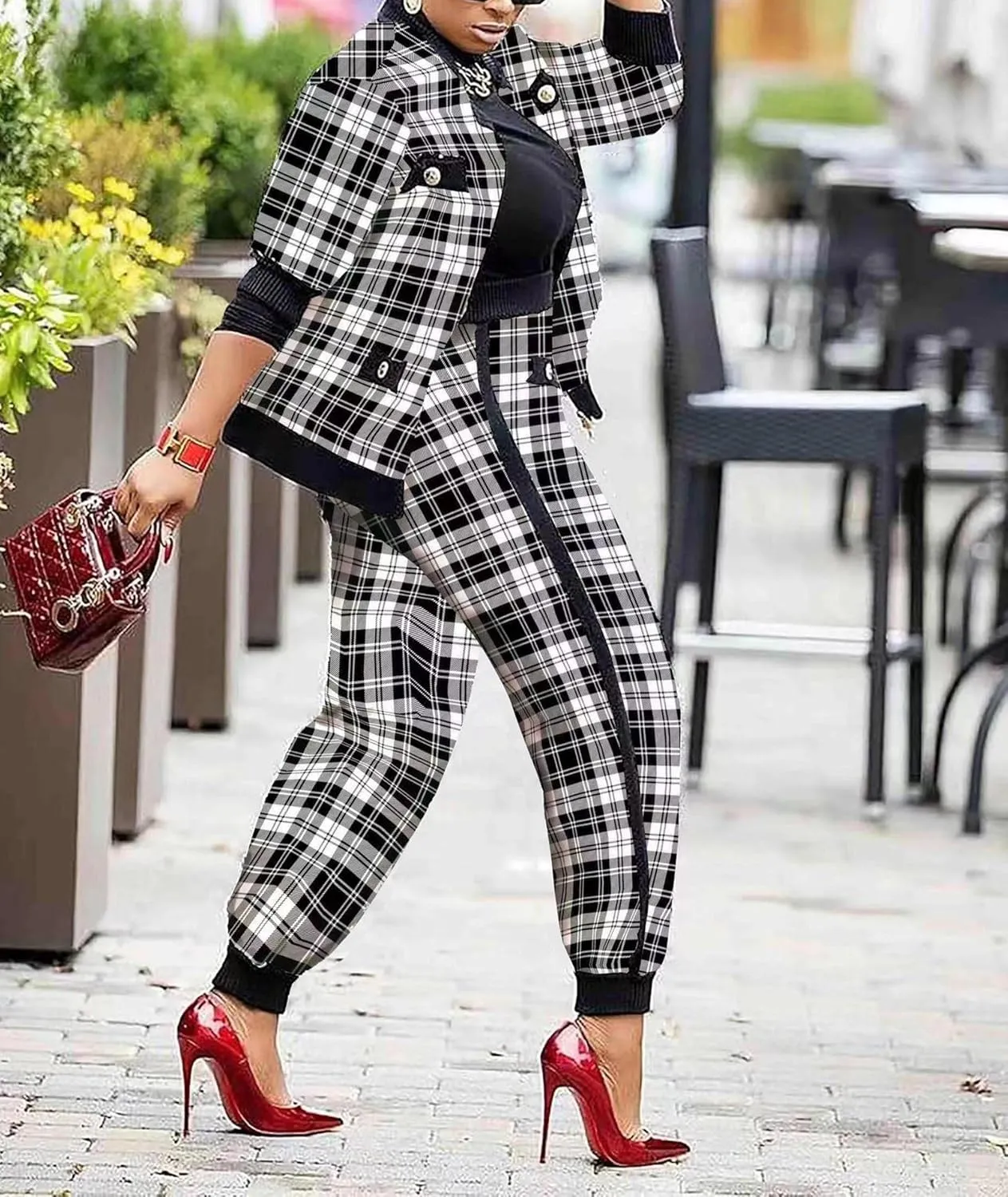 SOMTHRON Womens Houndstooth Print 2 Piece Outfit Zip Up Long Sleeve Jacket Long Pants Set Work Suits Tracksuit