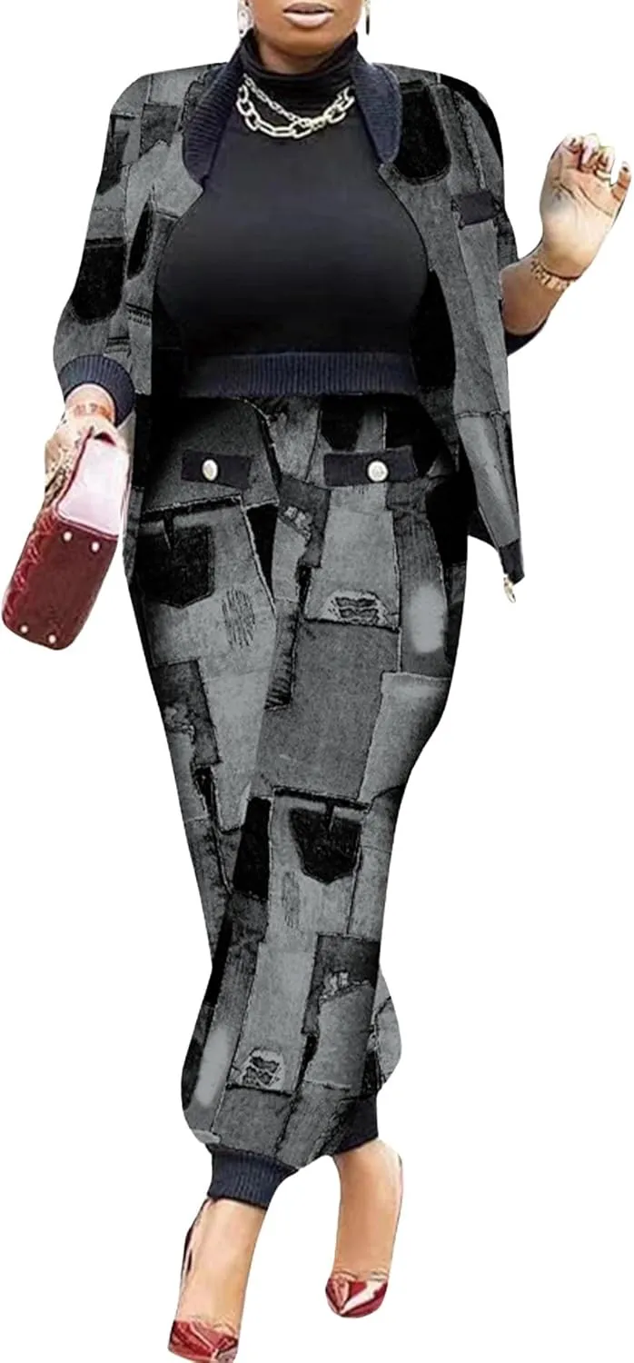 SOMTHRON Womens Houndstooth Print 2 Piece Outfit Zip Up Long Sleeve Jacket Long Pants Set Work Suits Tracksuit