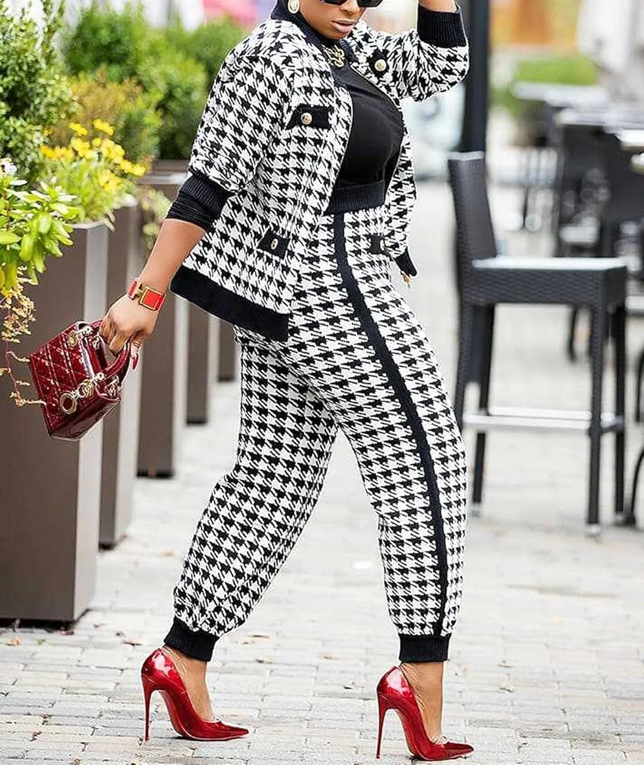 SOMTHRON Womens Houndstooth Print 2 Piece Outfit Zip Up Long Sleeve Jacket Long Pants Set Work Suits Tracksuit