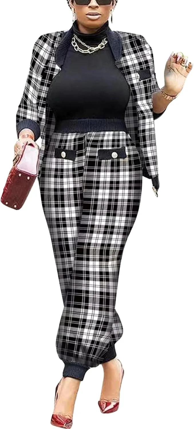 SOMTHRON Womens Houndstooth Print 2 Piece Outfit Zip Up Long Sleeve Jacket Long Pants Set Work Suits Tracksuit