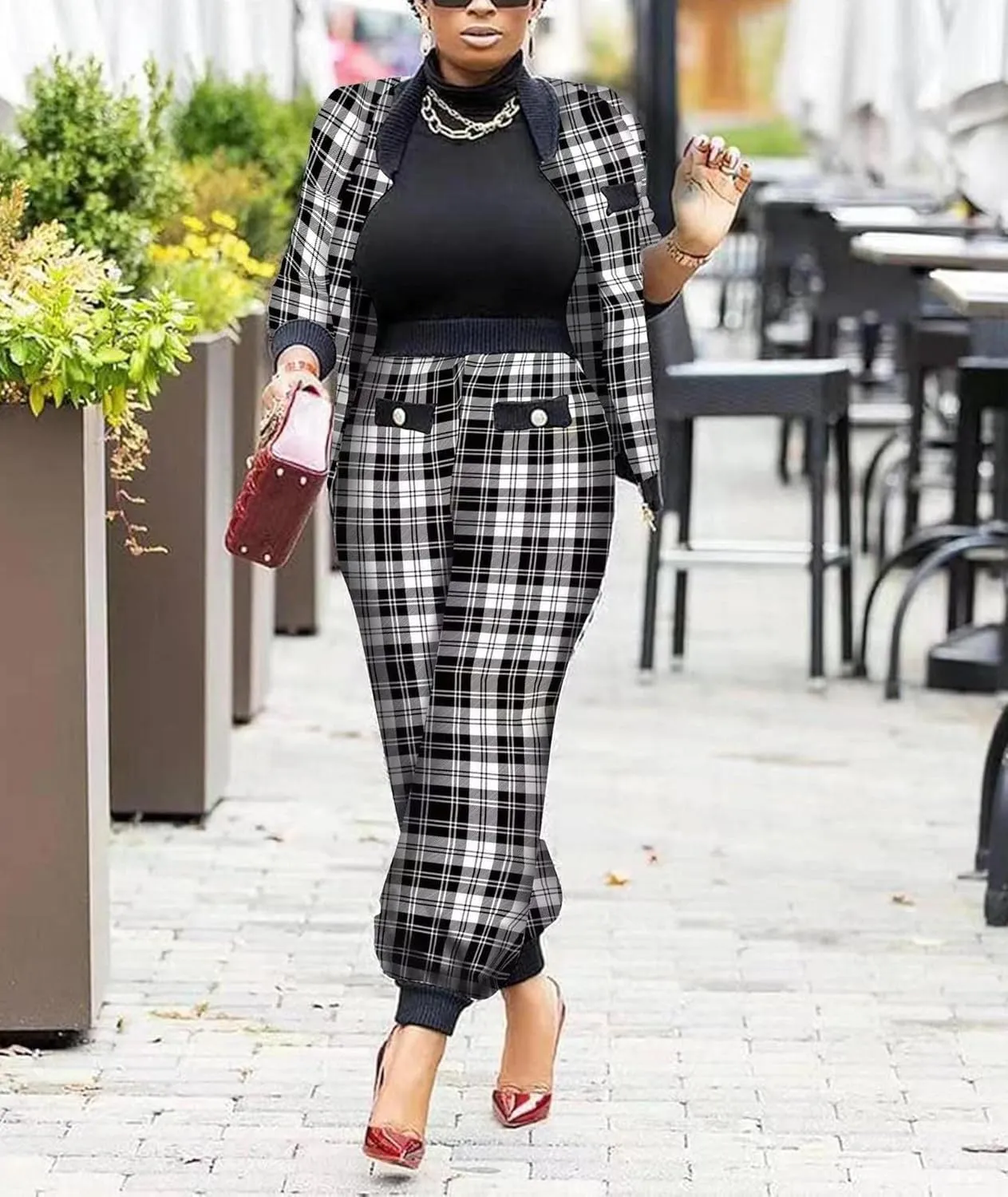 SOMTHRON Womens Houndstooth Print 2 Piece Outfit Zip Up Long Sleeve Jacket Long Pants Set Work Suits Tracksuit