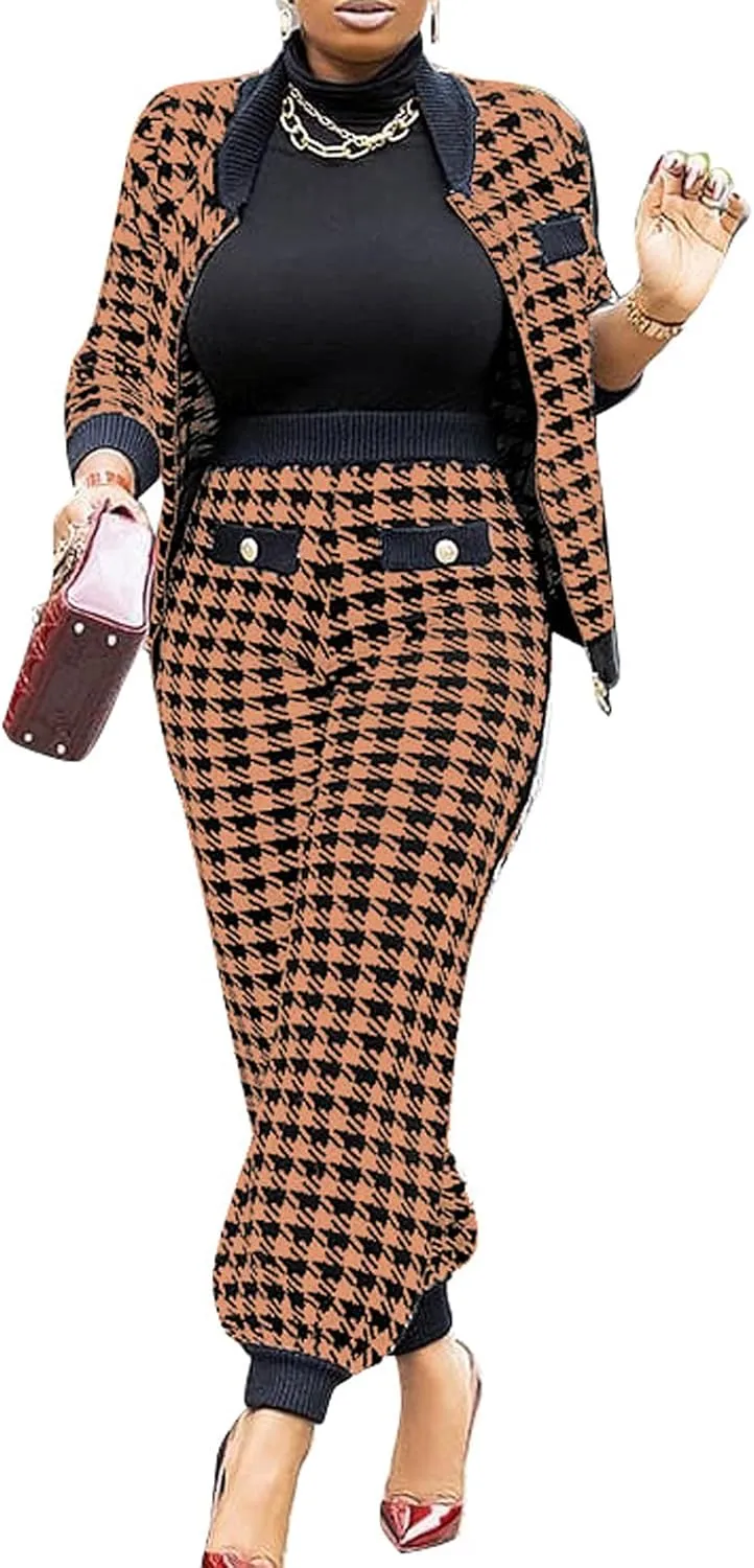 SOMTHRON Womens Houndstooth Print 2 Piece Outfit Zip Up Long Sleeve Jacket Long Pants Set Work Suits Tracksuit