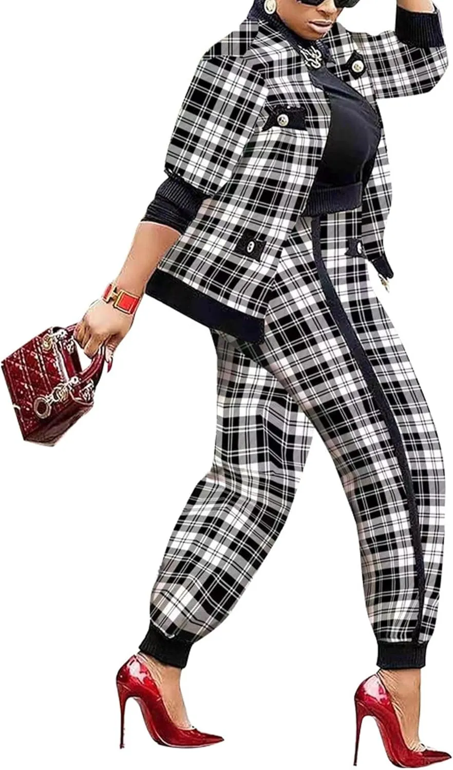 SOMTHRON Womens Houndstooth Print 2 Piece Outfit Zip Up Long Sleeve Jacket Long Pants Set Work Suits Tracksuit
