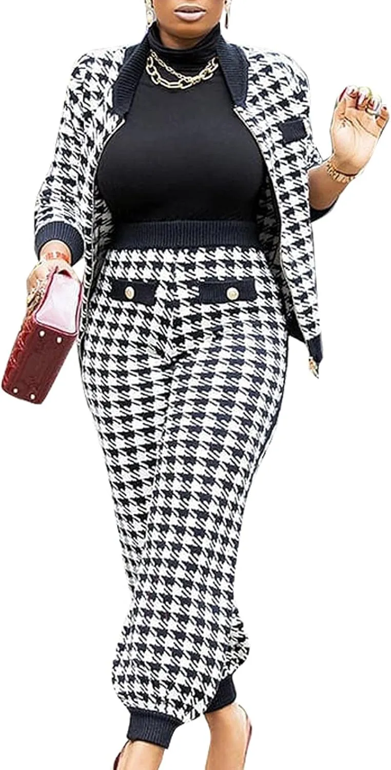 SOMTHRON Womens Houndstooth Print 2 Piece Outfit Zip Up Long Sleeve Jacket Long Pants Set Work Suits Tracksuit