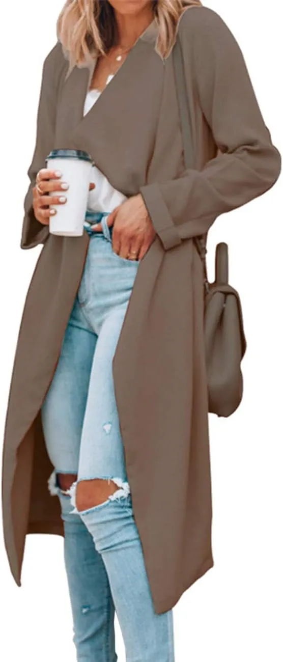 SOMTHRON Women's Oversized Lapel Neck Open Front Waterfall Collar Lightweight Trench Coat Longline Wraps Jackets Cardigans