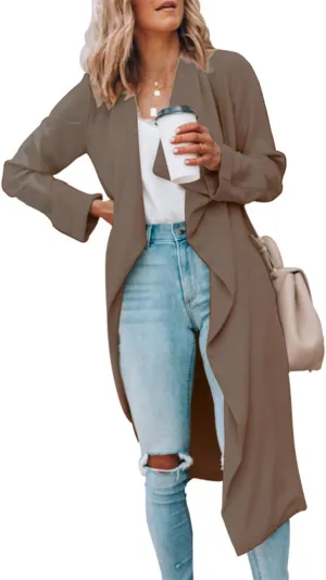 SOMTHRON Women's Oversized Lapel Neck Open Front Waterfall Collar Lightweight Trench Coat Longline Wraps Jackets Cardigans