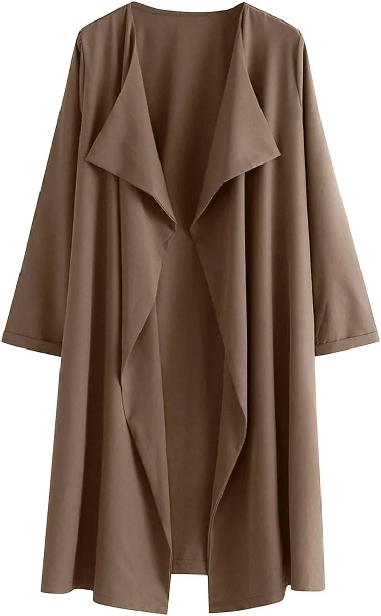 SOMTHRON Women's Oversized Lapel Neck Open Front Waterfall Collar Lightweight Trench Coat Longline Wraps Jackets Cardigans