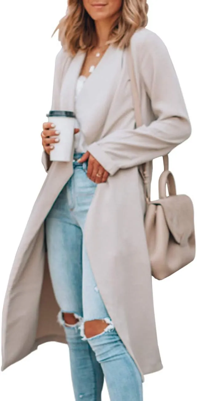 SOMTHRON Women's Oversized Lapel Neck Open Front Waterfall Collar Lightweight Trench Coat Longline Wraps Jackets Cardigans