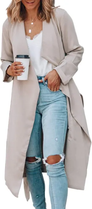 SOMTHRON Women's Oversized Lapel Neck Open Front Waterfall Collar Lightweight Trench Coat Longline Wraps Jackets Cardigans