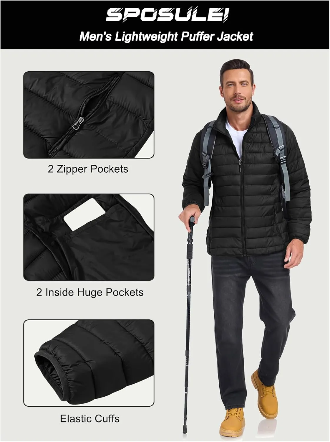 SPOSULEI Men Puffer Down Jacket Packable Lightweight Winter Jackets Coats Outdoor Waterproof Insulated Jackets
